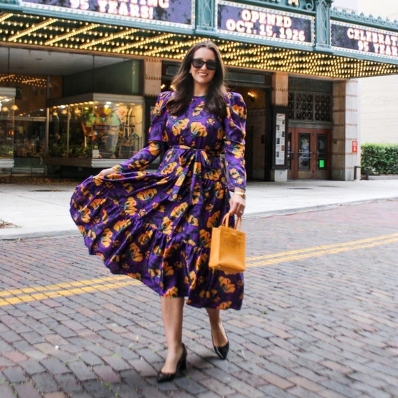 Delfi Collective Dresses & Skirts - Purple Floral Midi Dress with Yellow Accents